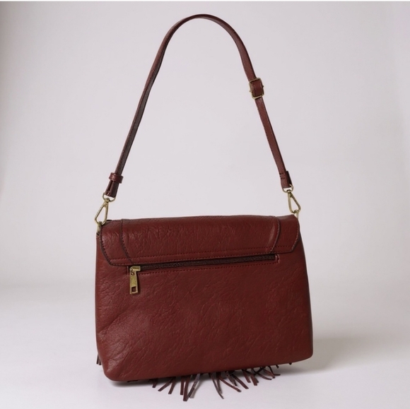 Ampere Dallas Vegan Leather Fringe Boho Burgundy Southwest Crossbody - Picture 5 of 7